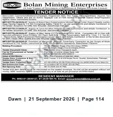 Newspaper clipping: Bolan Mining Enterprises Tender Notice, Dawn, 21 Sep 2026