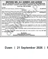 Newspaper clipping: Banking Court Notice — Mr. Ali Ahmed Jam J, Larkana, Dawn, 21 Sep 2026