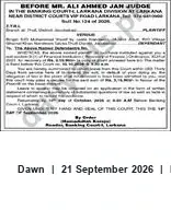 Newspaper clipping: Banking Court, Larkana — Presiding Judge Ali Ahmed Jah, Dawn, 21 Sep 2026