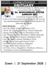Newspaper clipping: Obituary: Dr. Muhammad Aftab Anwar, MD — Eminent Gastroenterologist (aged 80), Dawn, 21 Sep 2026