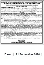 Newspaper clipping: Banking Court-IV, Karachi — Notice Before Judge Mil Muhammad Ahsan Khan Durrani, Dawn, 21 Sep 2026