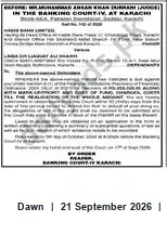 Newspaper clipping: Banking Court Notice — Karachi, Dawn, 21 Sep 2026