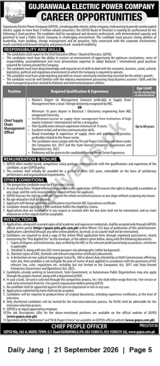 Newspaper clipping: GEPCO Career: Chief Supply Chain Management Officer (Gujranwala Electric Power Company), Jang, 21 Sep 2026