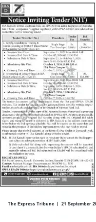 Newspaper clipping: Notice Inviting Tender — IBA Main Campus, Karachi (Supply Tender), The Express Tribune, 21 Sep 2026
