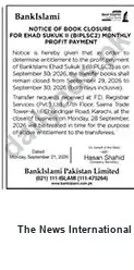 Newspaper clipping: BankIslami Notice of Book Closure for Chad Sukuk II (BIPLSC2) — Monthly Profit Payment, The News International, 21 Sep 2026