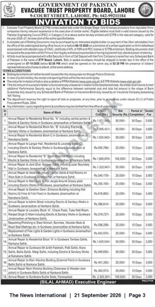 Newspaper clipping: ETPB Lahore Invitation to Bids – Annual Repair Works at Gurdwaras (Nankana Sahib & Farooqabad), The News International, 21 Sep 2026