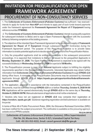 Newspaper clipping: Prequalification: Framework Agreement for Repair of IT Equipment (Ref: FFW9862) — Pakistan Customs, Islamabad, The News International, 21 Sep 2026