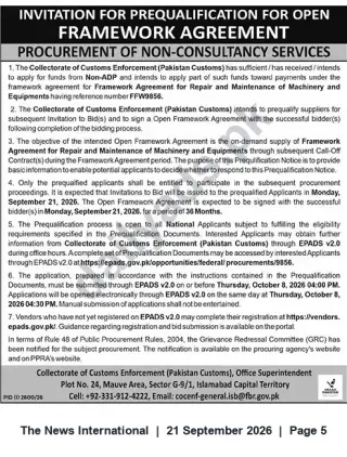 Newspaper clipping: Prequalification Invitation — Open Framework Agreement for Repair & Maintenance of Machinery & Equipment (FFW9856) — Pakistan Customs, The News International, 21 Sep 2026