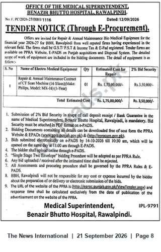 Newspaper clipping: Tender: Repair & 1-Year AMC for Philips 16-Slice CT Scan — Benazir Bhutto Hospital, Rawalpindi, The News International, 21 Sep 2026