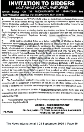 Newspaper clipping: Tender: Prequalification of Histopathology Laboratories — Holy Family Hospital Rawalpindi, The News International, 21 Sep 2026