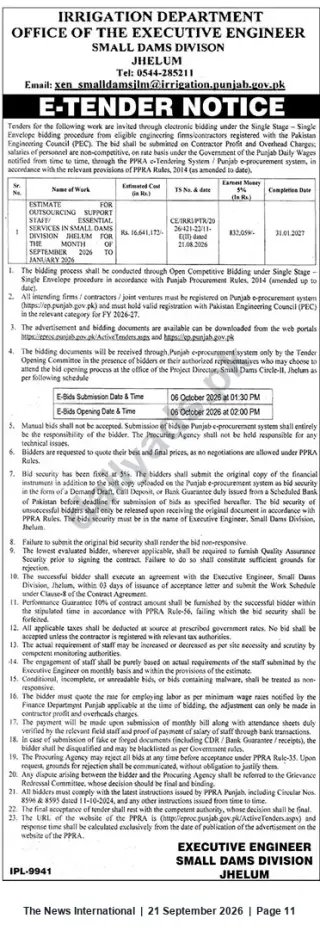 Newspaper clipping: Irrigation Dept. Small Dams Division Jhelum — E-Tender for Outsourcing Support Staff & Essential Services, The News International, 21 Sep 2026