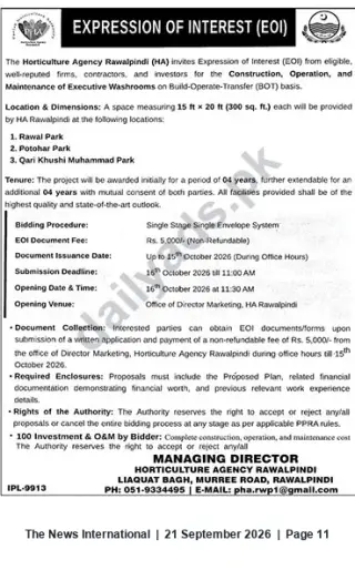 Newspaper clipping: EOI: BOT Construction, Operation & Maintenance of Executive Washrooms — Horticulture Agency Rawalpindi, The News International, 21 Sep 2026