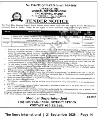 Newspaper clipping: THQ Hospital Hazro Tender: Framework Supply Contracts for Medicines, Surgical & General-Store Items (Closing 2026-10-05), The News International, 21 Sep 2026