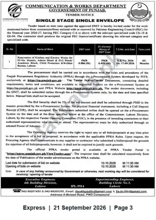 Newspaper clipping: Tender: Renovation of Kitchens & Electrical Works — Hostels & Blocks, Child Protection & Welfare Bureau, Lahore, Express, 21 Sep 2026
