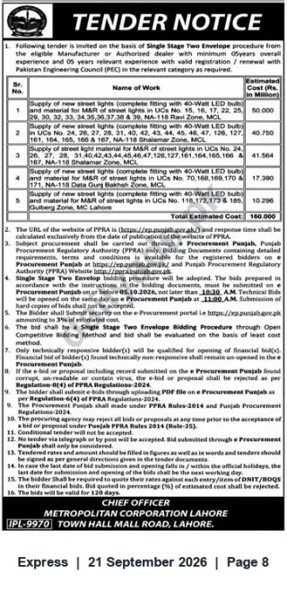 Newspaper clipping: Tender: Supply & M&R of Street Lights – Metropolitan Corporation Lahore, Express, 21 Sep 2026