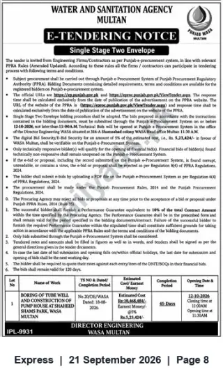 Newspaper clipping: WASA Multan e-Tender: Boring of Tube Well & Pump House at Shahid Shams Park, Express, 21 Sep 2026