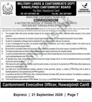 Newspaper clipping: Corrigendum — E‑Auction for Parking Fee Collection Rights 2026–2027 | Rawalpindi Cantonment Board, Express, 21 Sep 2026