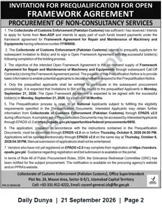 Newspaper clipping: Prequalification Notice: Framework Agreement for Repair & Maintenance of Machinery and Equipment (FFW9856) — Pakistan Customs, Dunya, 21 Sep 2026