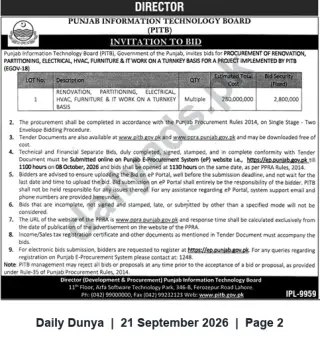 Newspaper clipping: PITB Tender: Turnkey Renovation, Partitioning, Electrical, HVAC, Furniture & IT Works, Dunya, 21 Sep 2026