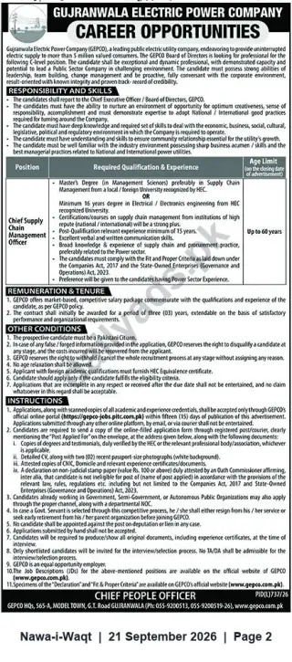 Newspaper clipping: GEPCO Career Opportunity — Chief Supply Chain Management Officer, Nawa-i-Waqt, 21 Sep 2026