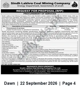 Newspaper clipping: RFP — Digital Transformation & Operational Automation (Sindh Lakhra Coal Mining Company), Dawn, 22 Sep 2026