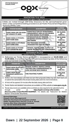 Newspaper clipping: Invitation to E-Bids via SAP Ariba Discovery — Multiple OGDC Tender Packages, Dawn, 22 Sep 2026