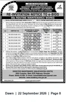 Newspaper clipping: NHA Balochistan‑South (Khuzdar) Re-Invitation to E-Bids for 06 Routine Maintenance Works, Dawn, 22 Sep 2026