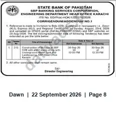 Newspaper clipping: SBP Corrigendum No.1 — Tender Submission Extended for Underground Water Tank (Karachi), Dawn, 22 Sep 2026