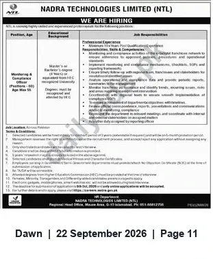 Newspaper clipping: Monitoring & Compliance Officer vacancy at NADRA Technologies Limited (NTL), Dawn, 22 Sep 2026