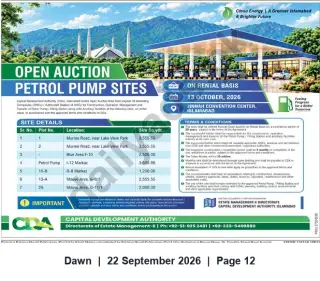 Newspaper clipping: CDA Open Auction — Petrol Pump Sites on Rental Basis (Jinnah Convention Centre, Islamabad) — 13 Oct 2026, Dawn, 22 Sep 2026