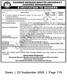 Newspaper clipping: E-Invitation to Bidders — Shaheed Benazir Bhutto University, Shaheed Benazirabad, Dawn, 22 Sep 2026