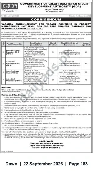 Newspaper clipping: GDA Vacancies — PMU Positions for Sanitary & Sewerage System, Gilgit City, Dawn, 22 Sep 2026