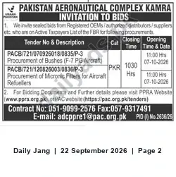 Newspaper clipping: PAC Kamra Invitation to Bids for Aircraft Parts — Tenders Closing 2026-10-07, Jang, 22 Sep 2026