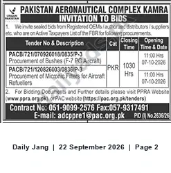 Newspaper clipping: Pakistan Aeronautical Complex (PAC) Kamra Invitation to Bid — Bushes & Micronic Filters (Closing 2026-10-07), Jang, 22 Sep 2026