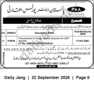 Newspaper clipping: PAA Tender: Procurement of Cargo Vehicle Scanner for JIAP (Bid P-66785), Jang, 22 Sep 2026