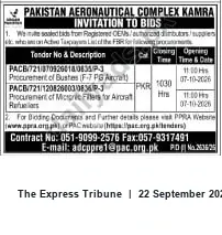 Newspaper clipping: Pakistan Aeronautical Complex (Kamra) Invitation to Bids — Aircraft Parts Tenders (07-10-2026), The Express Tribune, 22 Sep 2026