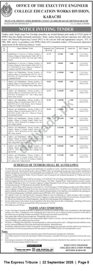 Newspaper clipping: Tender Notice — Rehabilitation & Provision of Missing Facilities (College Education Works Division, Karachi), The Express Tribune, 22 Sep 2026