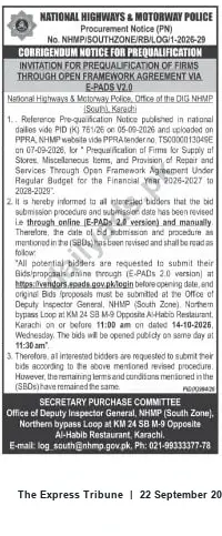 Newspaper clipping: NHMP (South Zone) Corrigendum: Prequalification for Supply of Stores & Services via Open Framework Agreement, The Express Tribune, 22 Sep 2026
