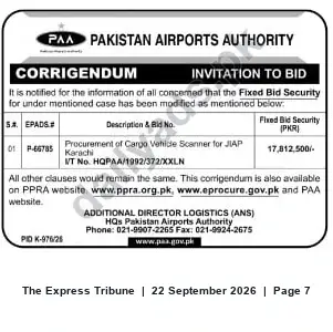 Newspaper clipping: Corrigendum: Modified Fixed Bid Security for PAA Tender P-66785 (Cargo Vehicle Scanner for JIAP Karachi), The Express Tribune, 22 Sep 2026