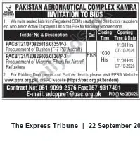 Newspaper clipping: Pakistan Aeronautical Complex (PAC) Kamra — Invitation to Bids for Aircraft Parts and Filters, The Express Tribune, 22 Sep 2026