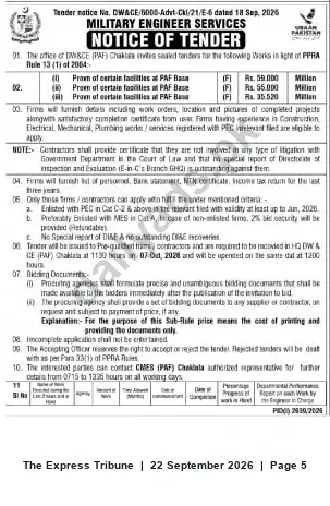 Newspaper clipping: M.E.S. Tender: Provision of Facilities at PAF Base Chaklala, The Express Tribune, 22 Sep 2026
