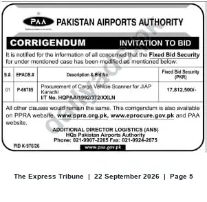 Newspaper clipping: PAA Corrigendum: Revised Bid Security for Cargo Vehicle Scanner Procurement (P-65785), The Express Tribune, 22 Sep 2026