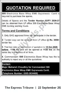 Newspaper clipping: Tender: Spares Purchase — 509 Electronics Base Workshop EME, Gujranwala Cantt (Tender No. 02/FY 2026-27), The Express Tribune, 22 Sep 2026