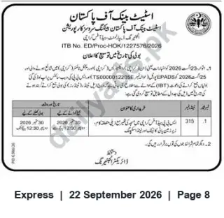 Newspaper clipping: Invitation to Bid — ITB No. ED/Proc-HOK/1227576/2026 (State Bank of Pakistan), Express, 22 Sep 2026
