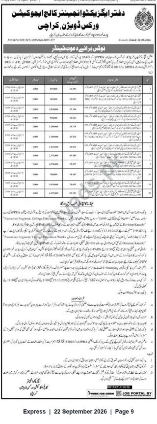 Newspaper clipping: College Education Works Division Karachi — E‑Bids Invited for Multiple Civil Works (12 Packages), Express, 22 Sep 2026