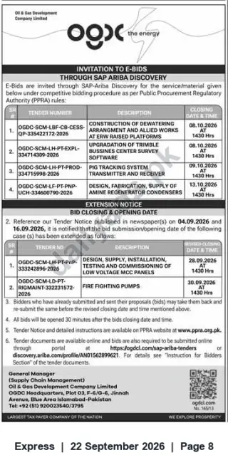 Newspaper clipping: OGDCL Invitation to E‑Bids – Multiple Tender Packages (Sep–Oct 2026), Express, 22 Sep 2026