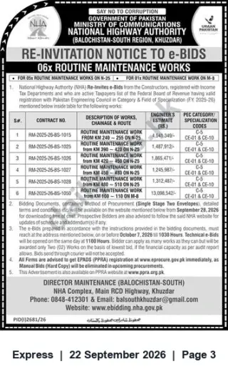 Newspaper clipping: NHA Re‑Invitation to e‑Bids — 6 Routine Maintenance Works (Balochistan‑South, Khuzdar), Express, 22 Sep 2026