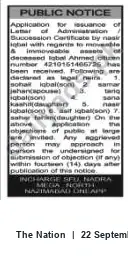 Newspaper clipping: Public Notice: Application for Letter of Administration / Succession Certificate for Deceased Iqbal Ahmed, The Nation, 22 Sep 2026