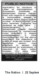 Newspaper clipping: Public Notice: Application for Succession/Administration Certificate — Tahira Begum, The Nation, 22 Sep 2026