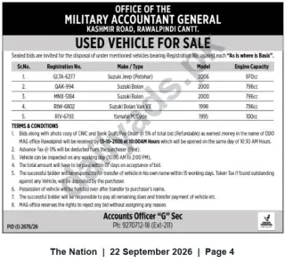 Newspaper clipping: Military Accountant General Rawalpindi Cantt — Used Vehicles Disposal (Sealed Bids), The Nation, 22 Sep 2026